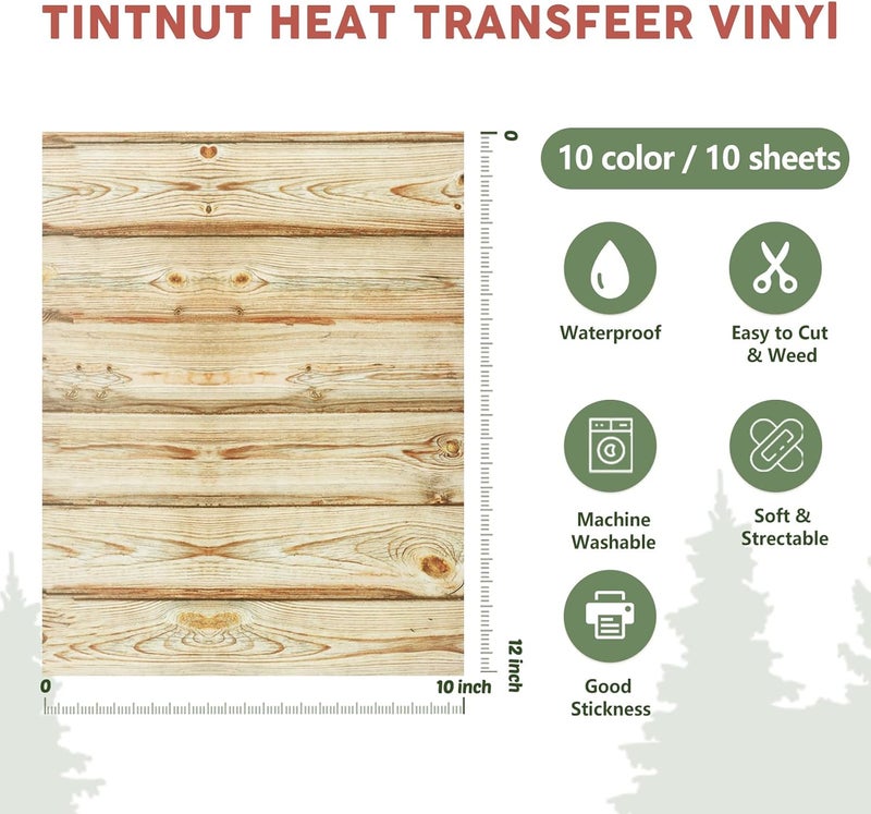Tintnut Wood Pattern HTV Vinyl - 10 Sheets 12 X 10 Inches Brown Wood Heat Transfer Vinyl White Wooden Planks Iron on Vinyl Vintage HTV for t-Shirts DIY Compatible with Cricut or Silhoutte Cameo - Image 2